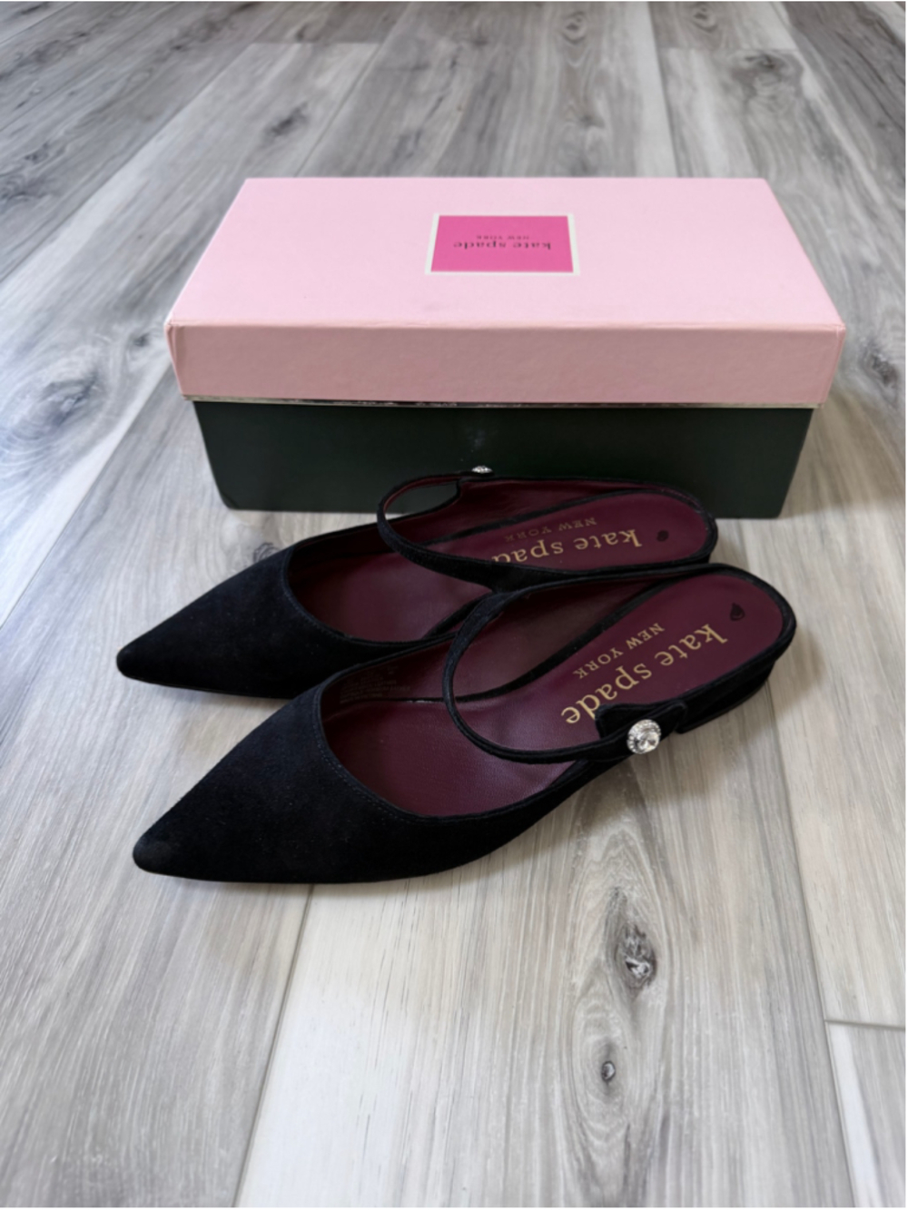 Kate Spade Meg Suede Mary Jane Flats Black Pointed Toe Crystal Size 9.5B K4994 - Picture 4 of 11